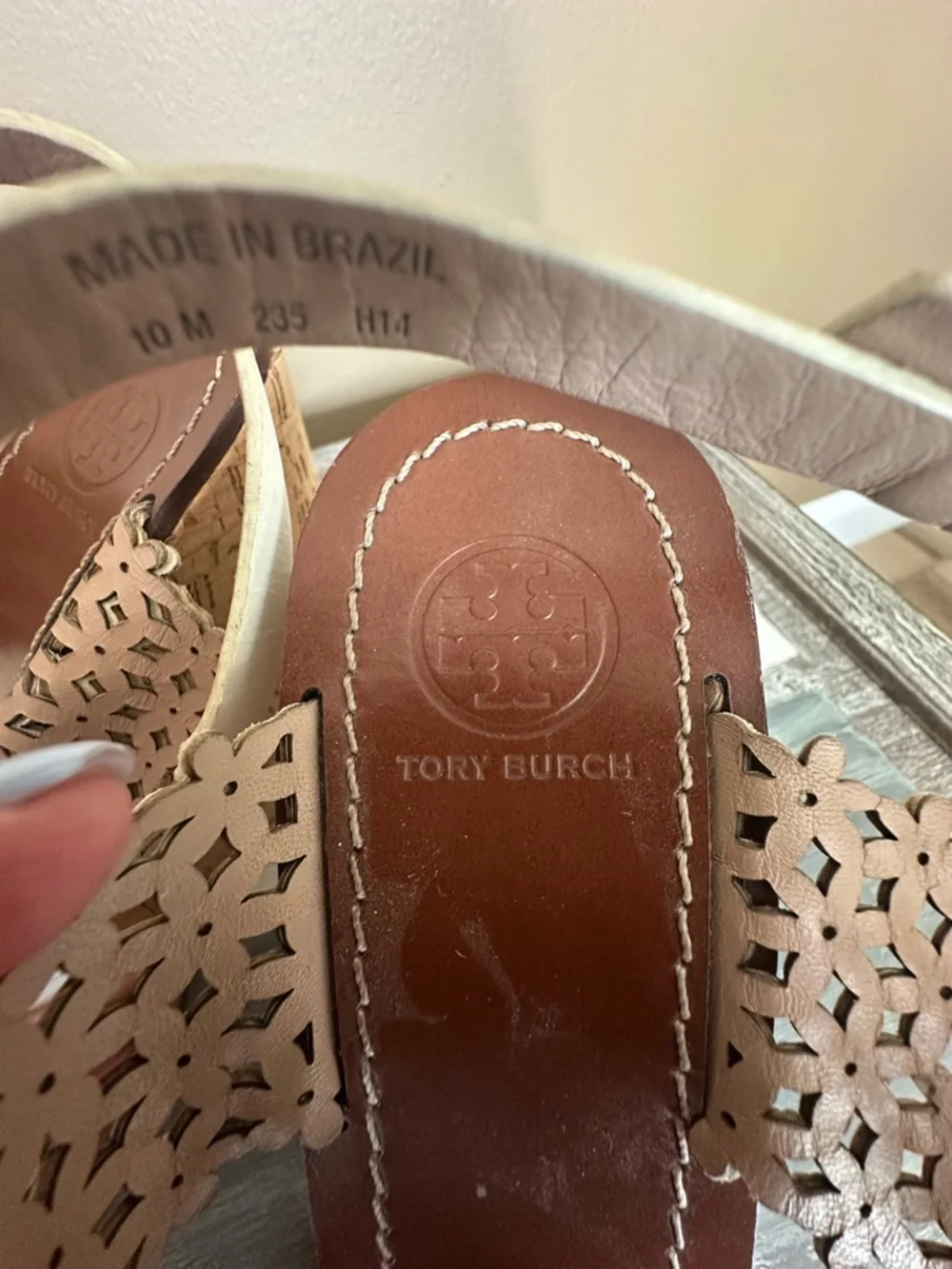 Tory Burch Floral Laser Cut Cork Wedge Sandals Cream Leather Size 10M‎ Boho Chic